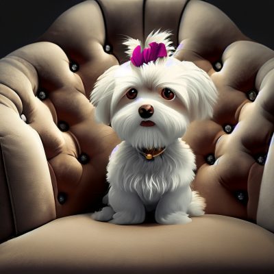Firefly Maltese sitting on tufted chair 77165