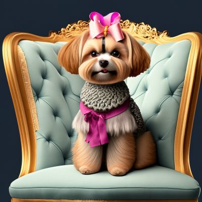 Firefly brown Maltese sitting on tufted chair with dress on and ribbon in hair 46265